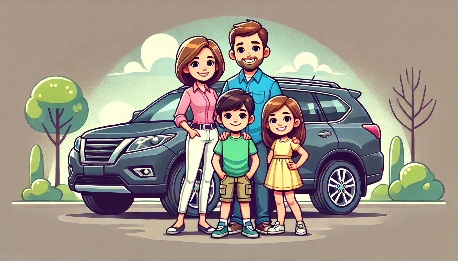 Happy family standing in front of an SUV